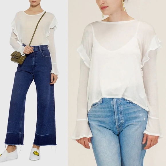 IRO Black Dunia Ruffle Trim Long Bell Sleeve Top Blouse Size Medium - Picture 12 of 12